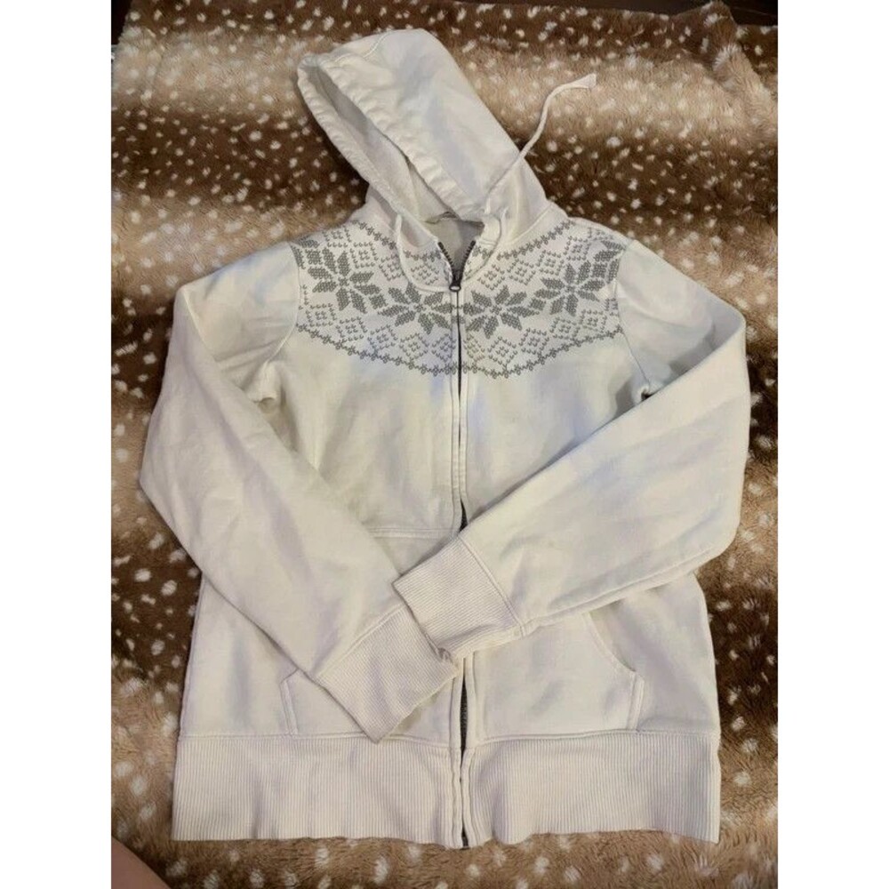 Old Navy white zip up hoodie with gray snowflake pattern on the chest, size M